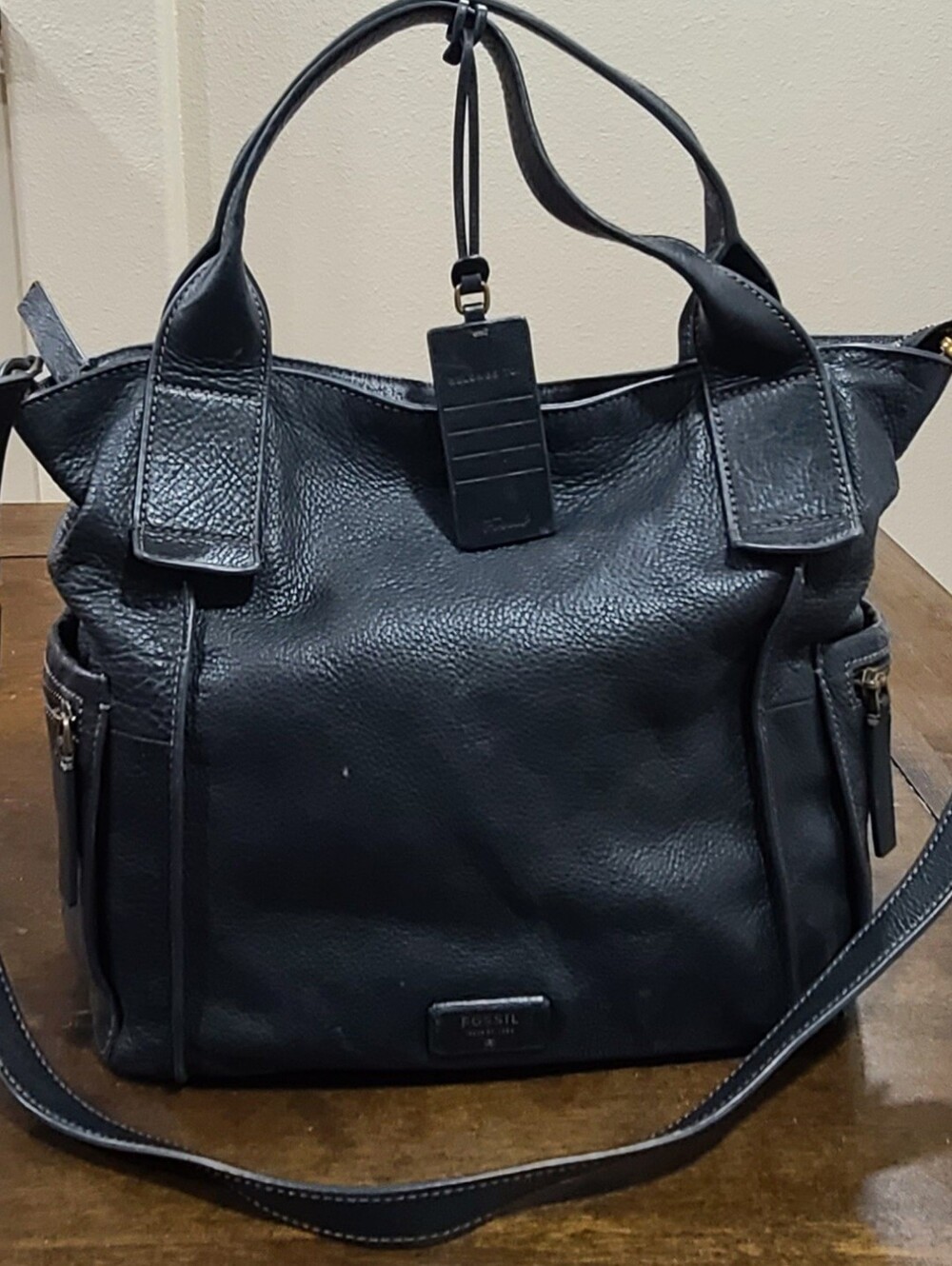 Fossil Emerson Large Satchel Black Pebbled Cowhide Leather